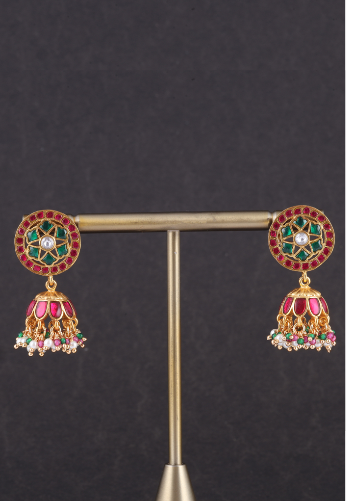 Classic Floral Pattern Jadau Kundan Jhumka Earrings with Pearl, Red and Green Beads Hangings