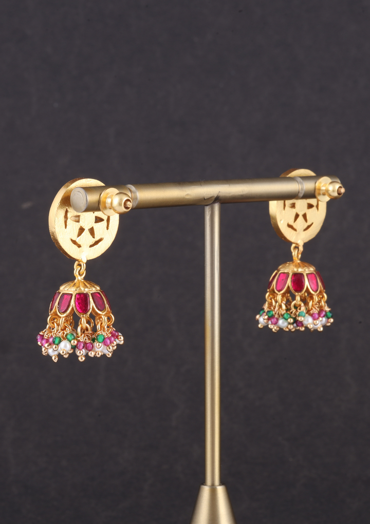 Classic Floral Pattern Jadau Kundan Jhumka Earrings with Pearl, Red and Green Beads Hangings