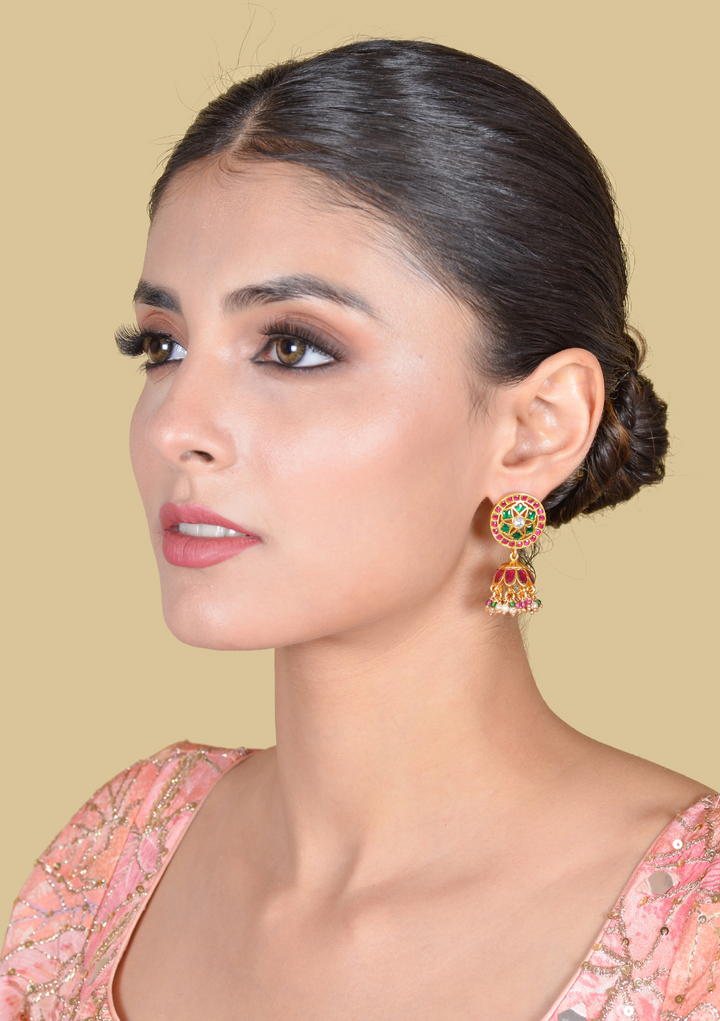Classic Floral Pattern Jadau Kundan Jhumka Earrings with Pearl, Red and Green Beads Hangings