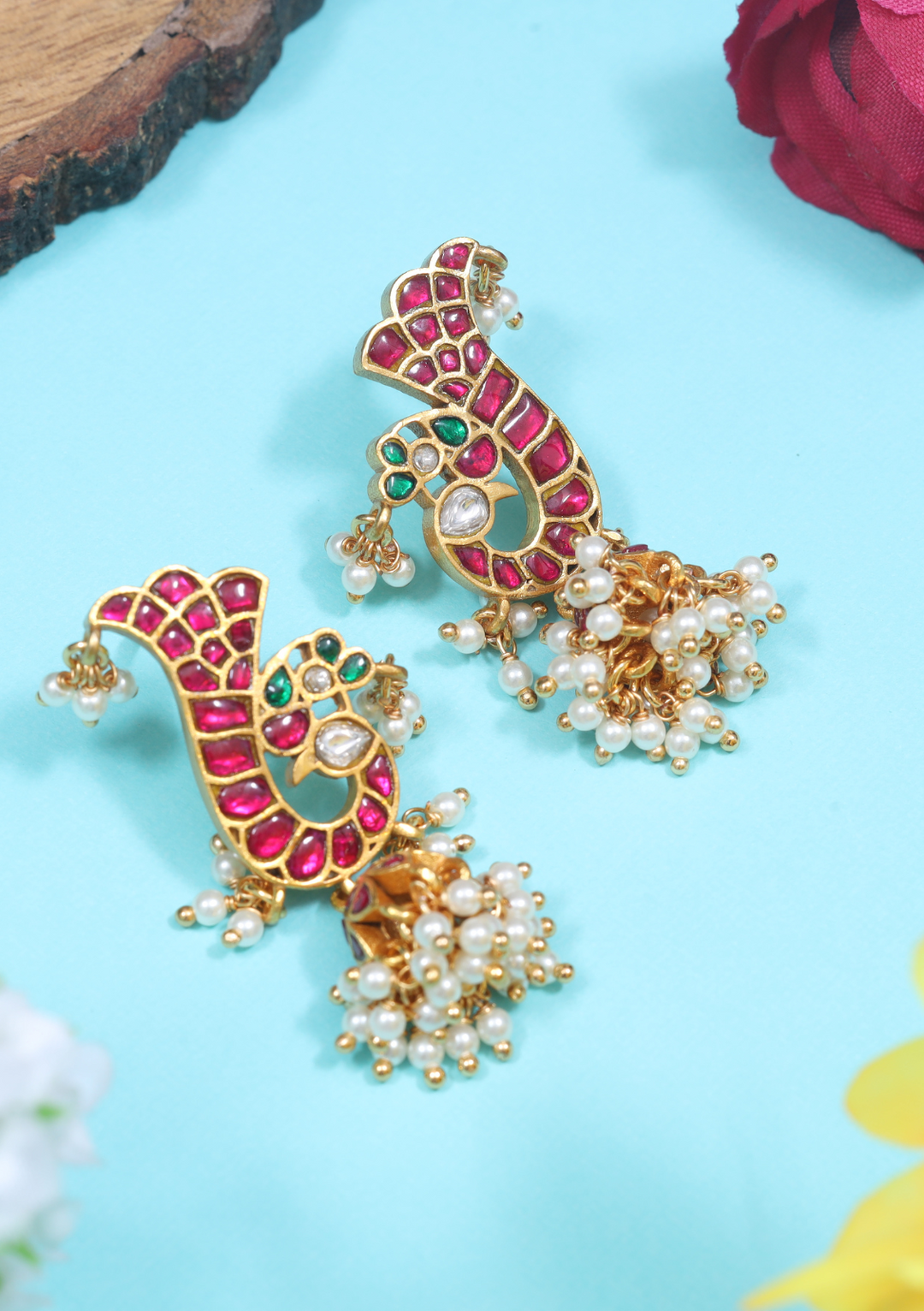 Peacock Motif Jadau Kundan Jhumka Earrings with Pearl Hangings