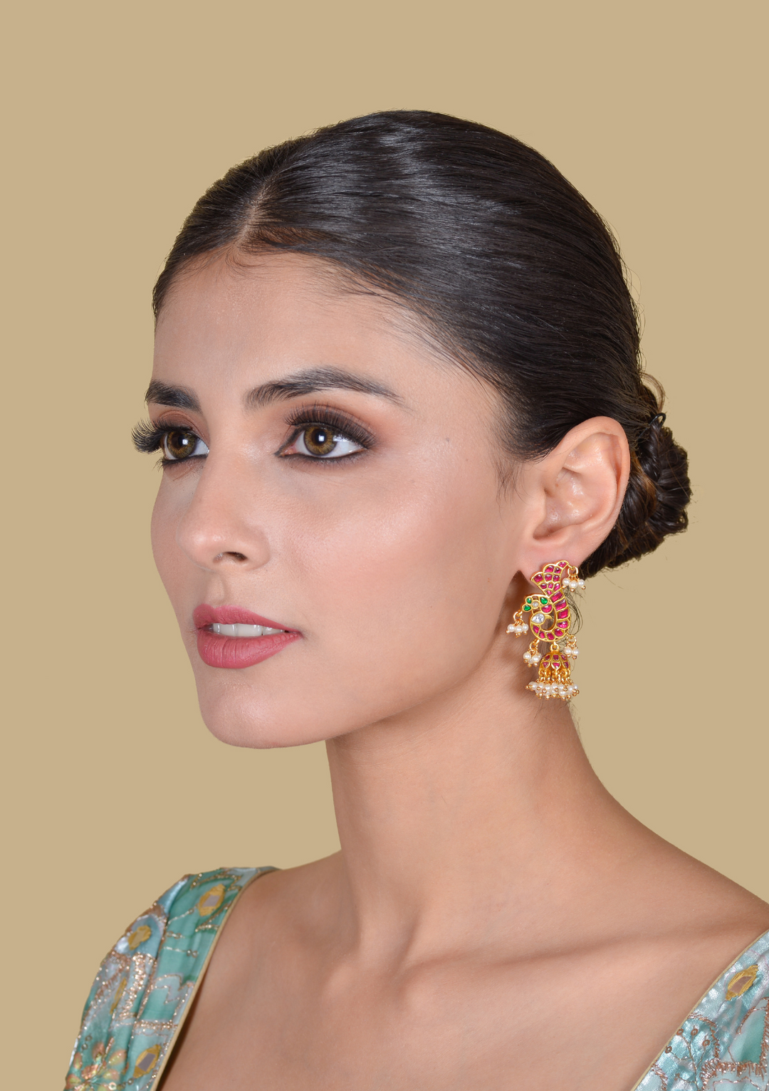 Peacock Motif Jadau Kundan Jhumka Earrings with Pearl Hangings