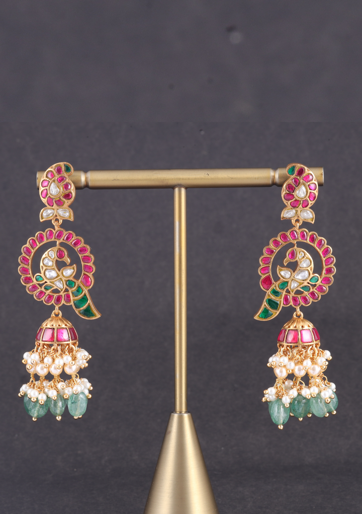 Charming Designer Peacock Jhumka Jadau Kundan Earrings with Green Emerald Beads Hangings
