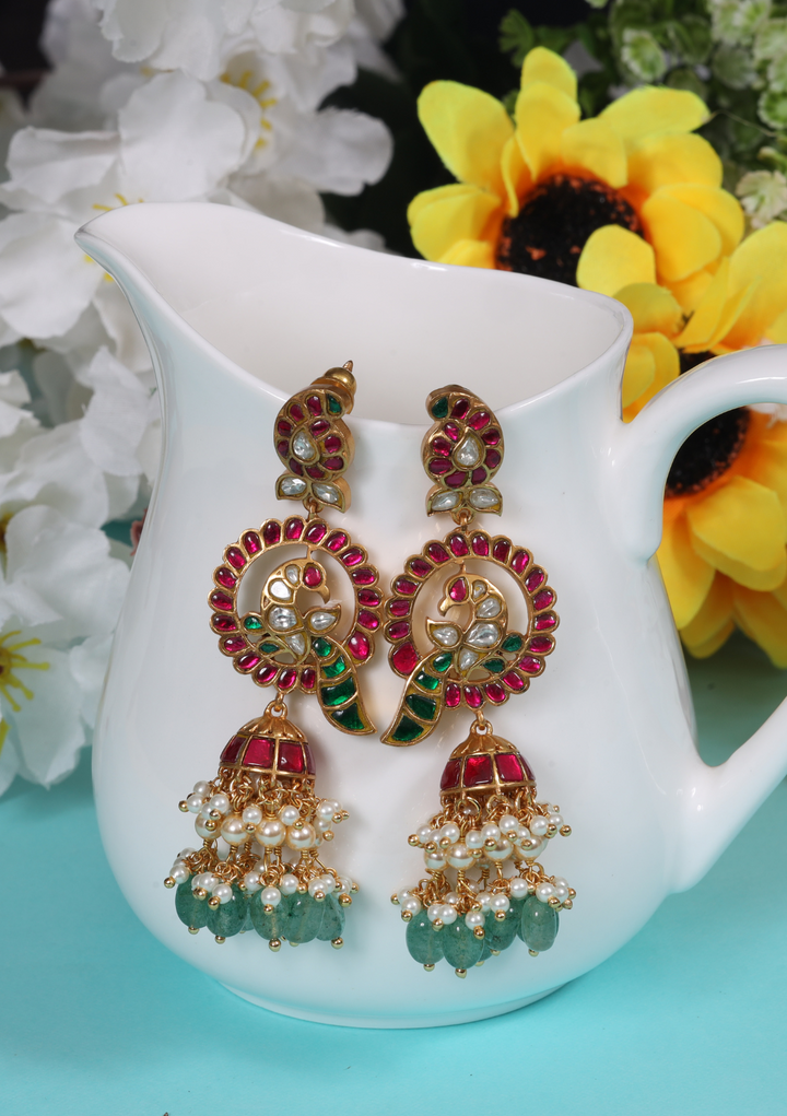 Charming Designer Peacock Jhumka Jadau Kundan Earrings with Green Emerald Beads Hangings