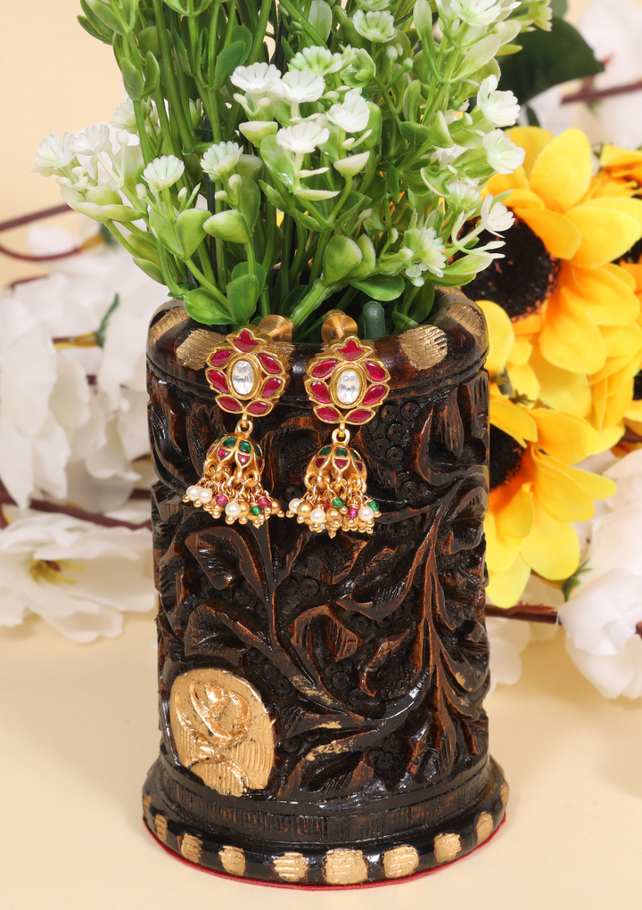 Alluring Designer Jadau Kundan Jhumka Earrings with Pearl Beads