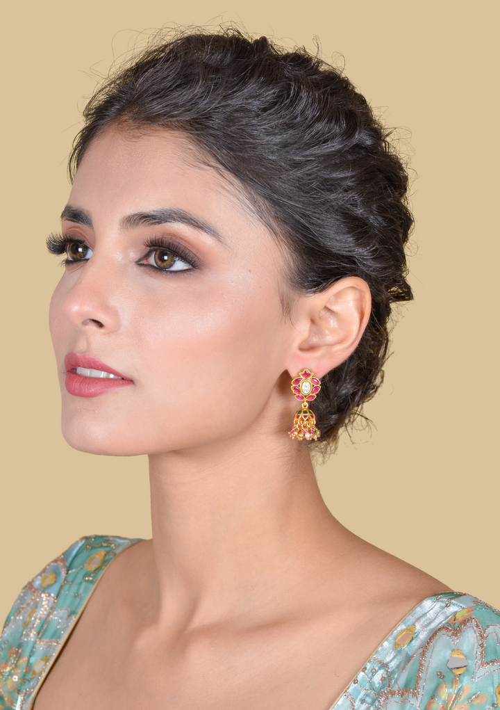 Alluring Designer Jadau Kundan Jhumka Earrings with Pearl Beads