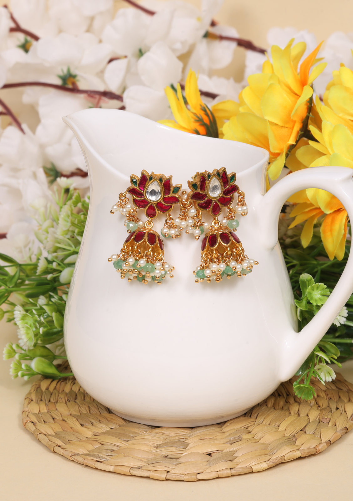 Exquisite Lotus Jadau Kundan Jhumka Earrings with Pearl and Green Beads