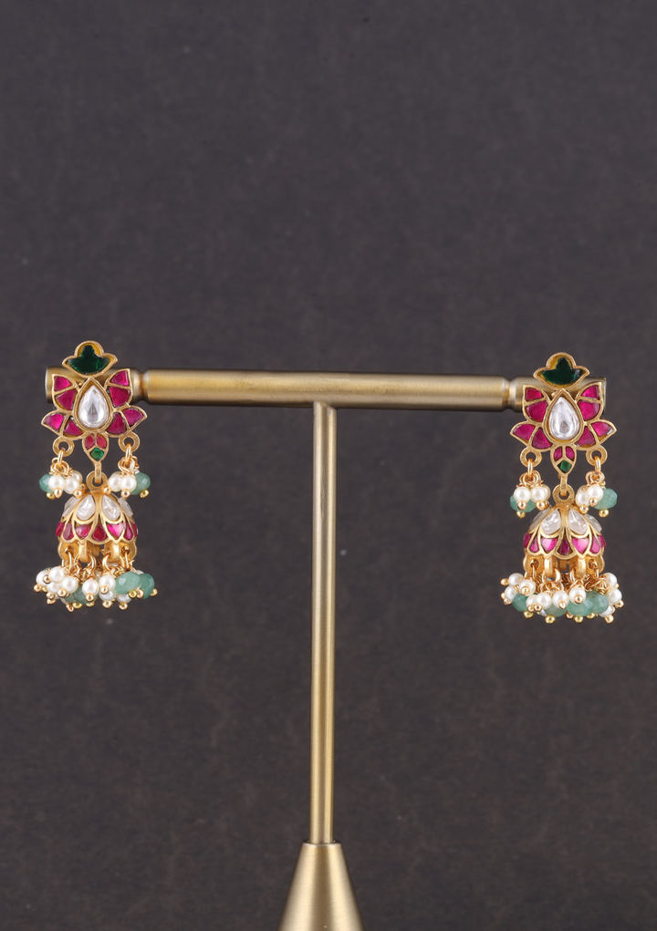 Classic Floral Jadau Kundan Jhumka Earrings with Emerald Green Beads and Pearl Hangings