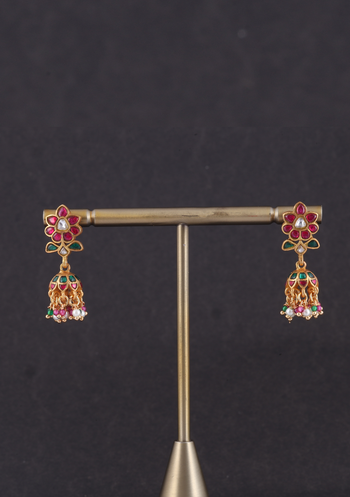 Stylish and Cute Jadau Kundan Designer Jhumka Earrings with Pearl and Green Beads Hangings