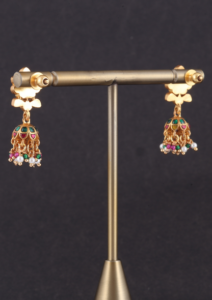 Stylish and Cute Jadau Kundan Designer Jhumka Earrings with Pearl and Green Beads Hangings