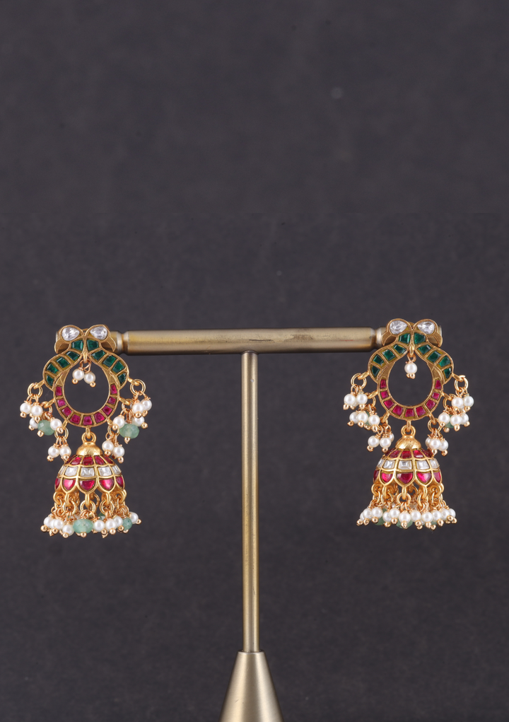 Attractive Designer Jadau Kundan Jhumka Earrings with Pearl And Green Beads Hangings