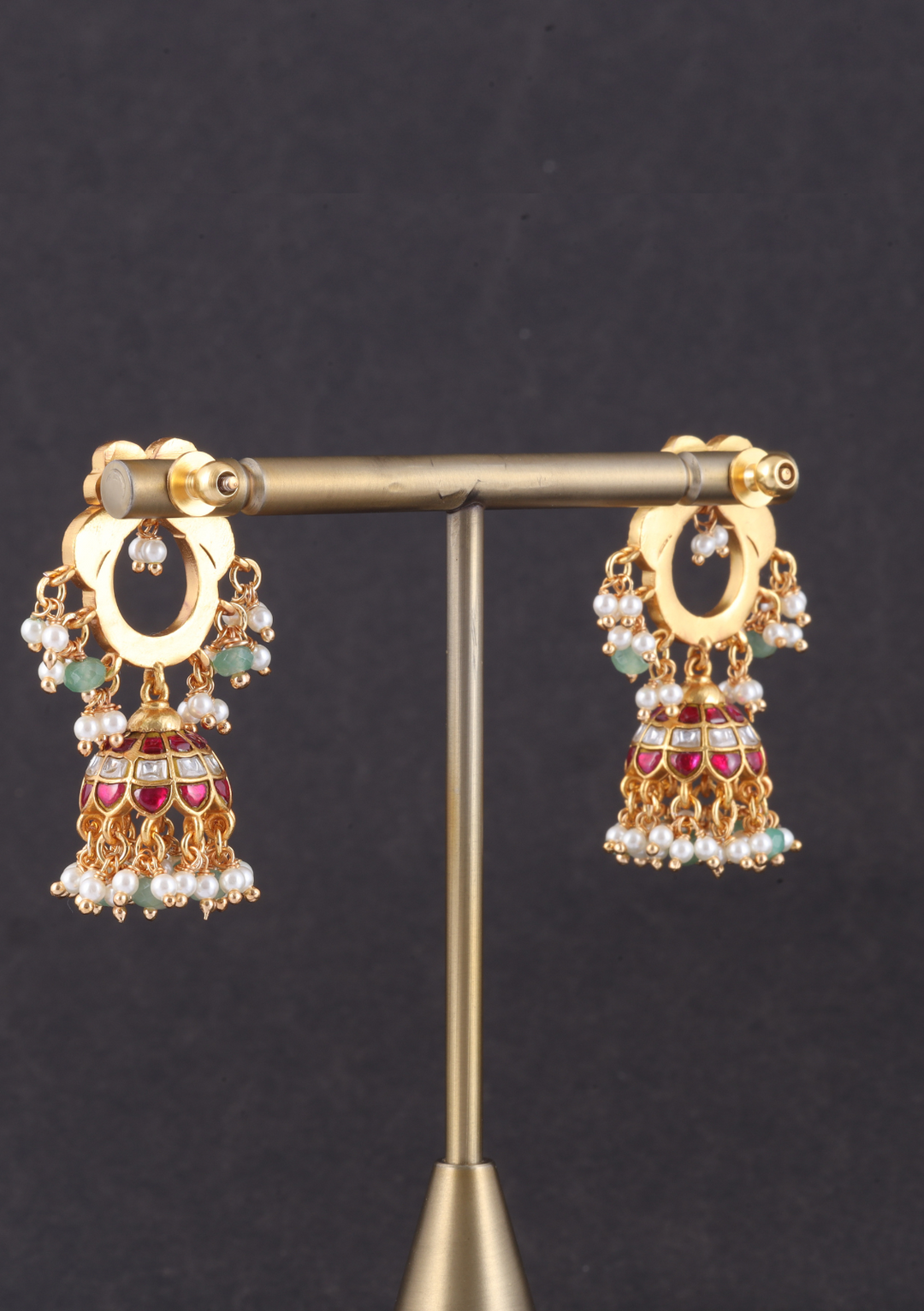 Attractive Designer Jadau Kundan Jhumka Earrings with Pearl And Green Beads Hangings