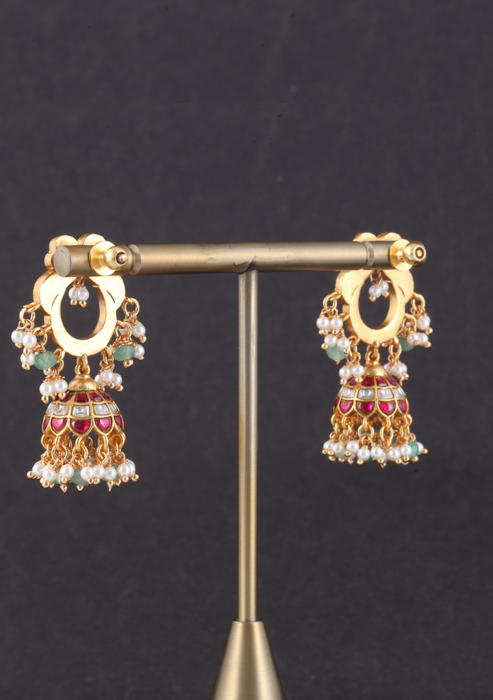 Attractive Designer Jadau Kundan Jhumka Earrings with Pearl And Green Beads Hangings