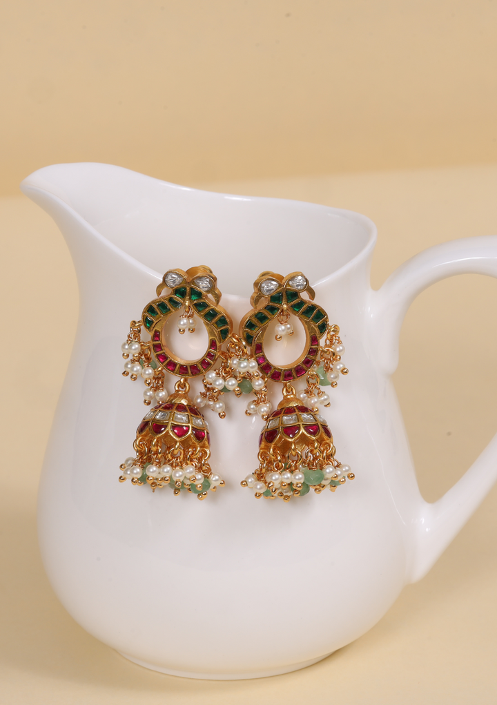 Attractive Designer Jadau Kundan Jhumka Earrings with Pearl And Green Beads Hangings