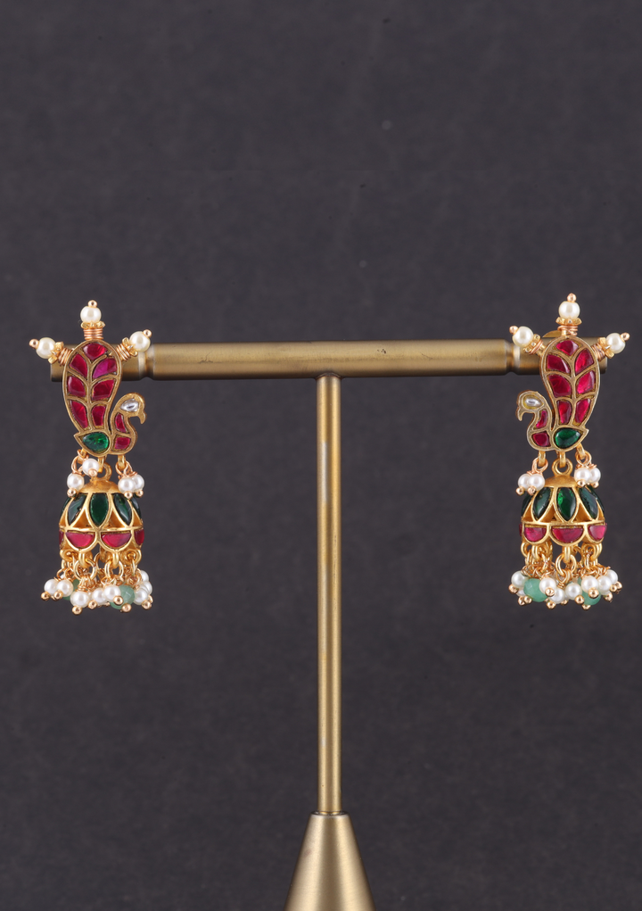 Designer Peacock Jadau Kundan Jhumka Earrings with Pearl and Green Beads Hangings