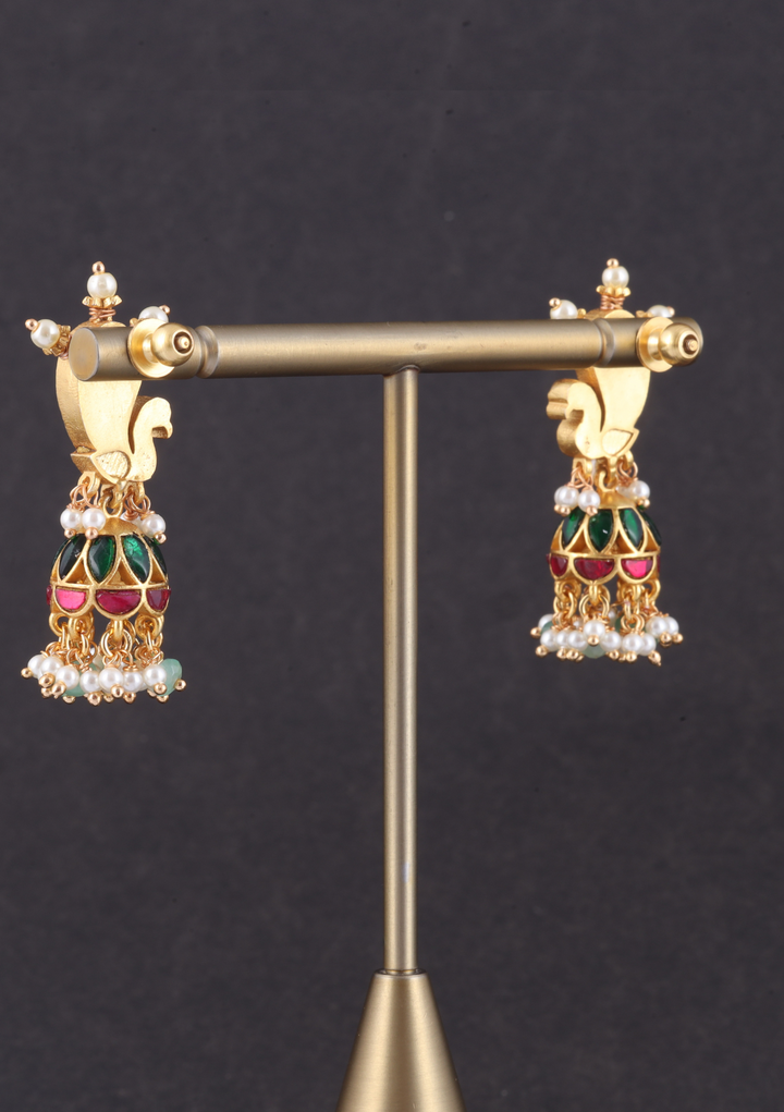 Designer Peacock Jadau Kundan Jhumka Earrings with Pearl and Green Beads Hangings