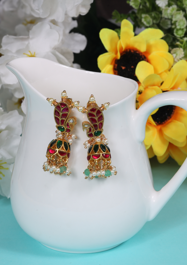 Designer Peacock Jadau Kundan Jhumka Earrings with Pearl and Green Beads Hangings
