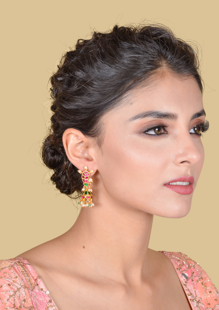 Designer Peacock Jadau Kundan Jhumka Earrings with Pearl and Green Beads Hangings