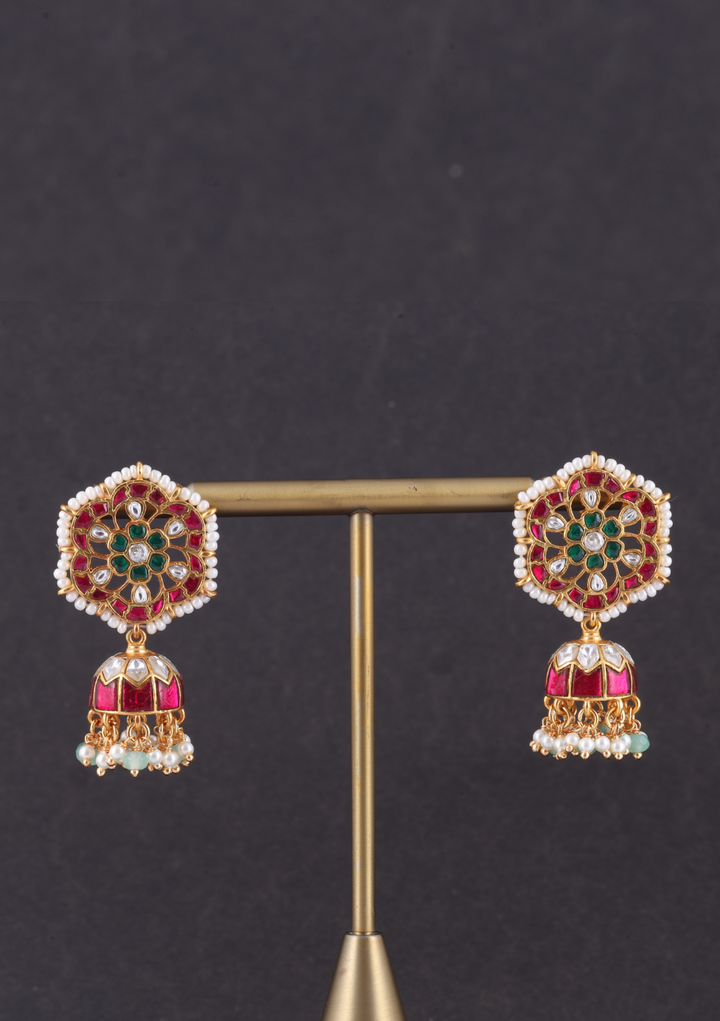 Gorgeous Jadau Kundan Designer Jhumka Earrings with Pearl Beads