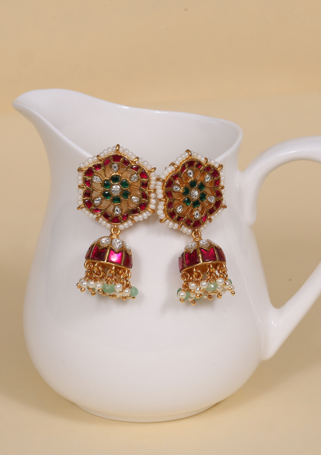 Gorgeous Jadau Kundan Designer Jhumka Earrings with Pearl Beads