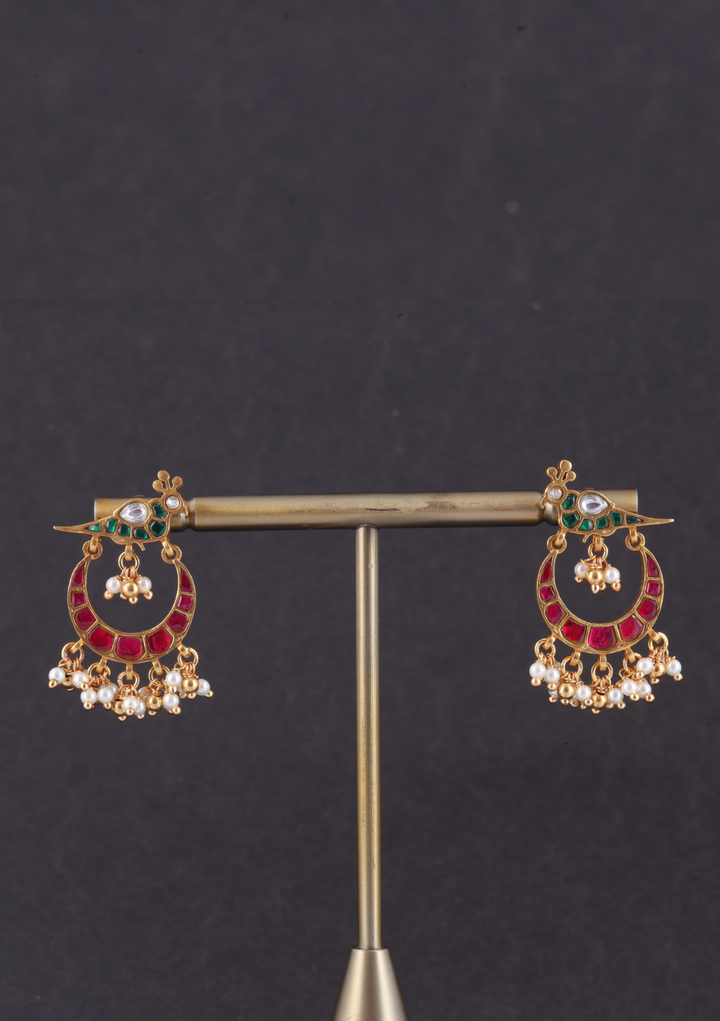 Pretty Peacock Jadau Kundan Chandbali Earrings with Pearl Beads