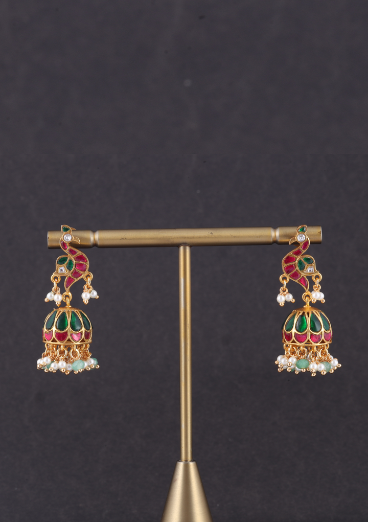 Regal Designer Peacock Jadau Kundan Jhumka Earrings with Pearl and Green Beads Hangings