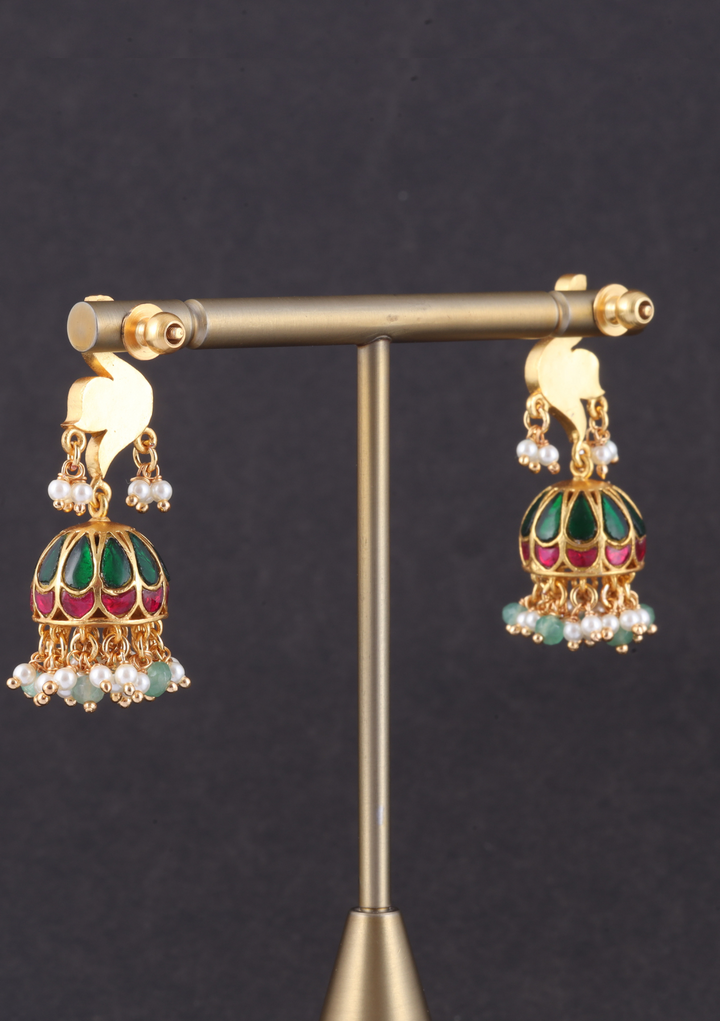 Regal Designer Peacock Jadau Kundan Jhumka Earrings with Pearl and Green Beads Hangings