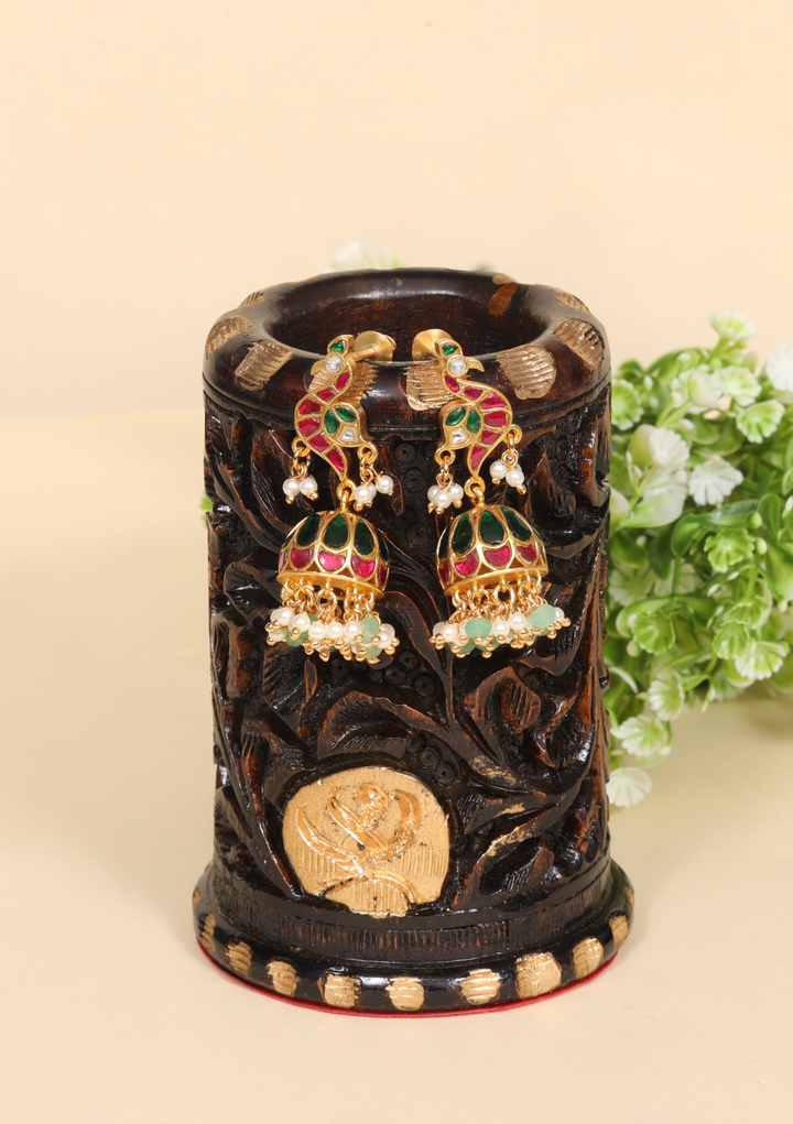 Regal Designer Peacock Jadau Kundan Jhumka Earrings with Pearl and Green Beads Hangings
