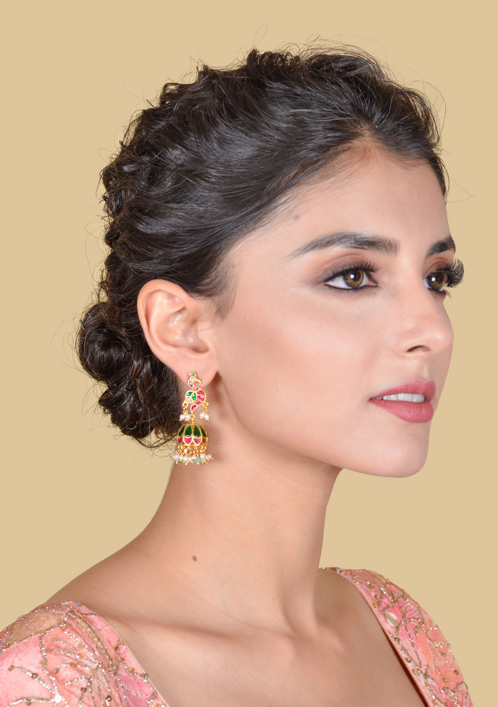 Regal Designer Peacock Jadau Kundan Jhumka Earrings with Pearl and Green Beads Hangings