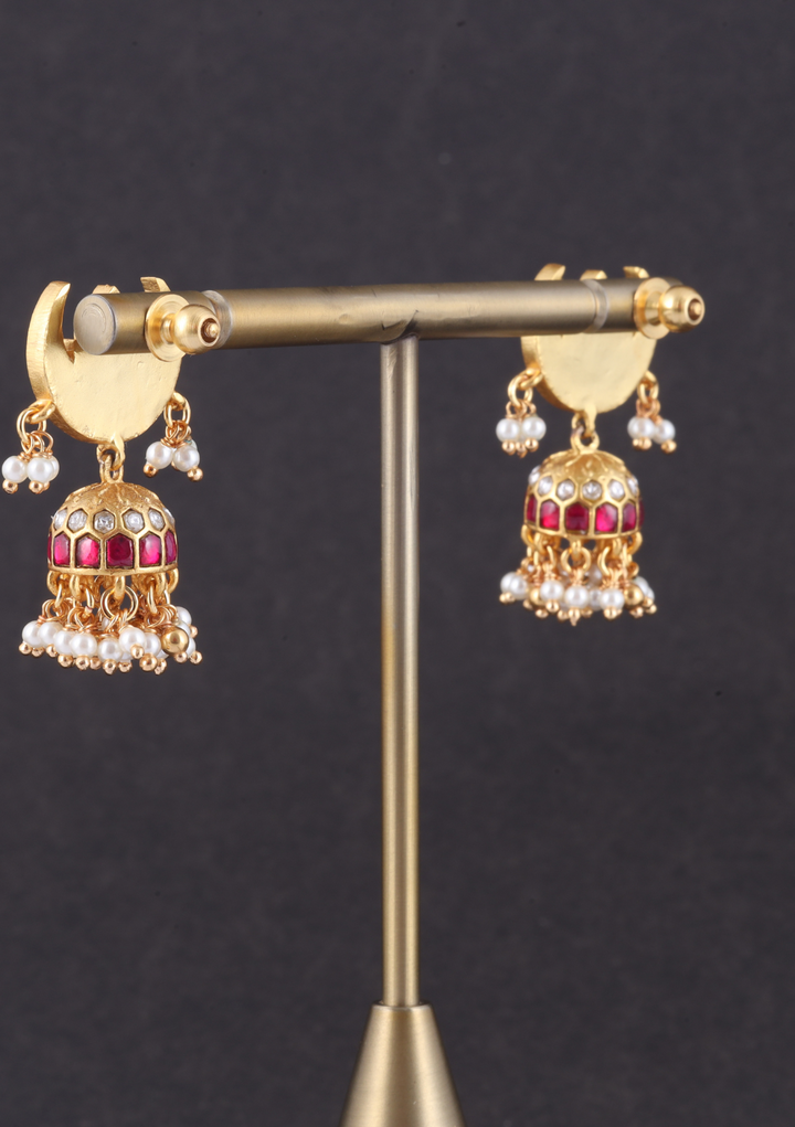 Beautiful Jadau Kundan Chandbali Jhumka Earrings with Pearl Beads Hangings