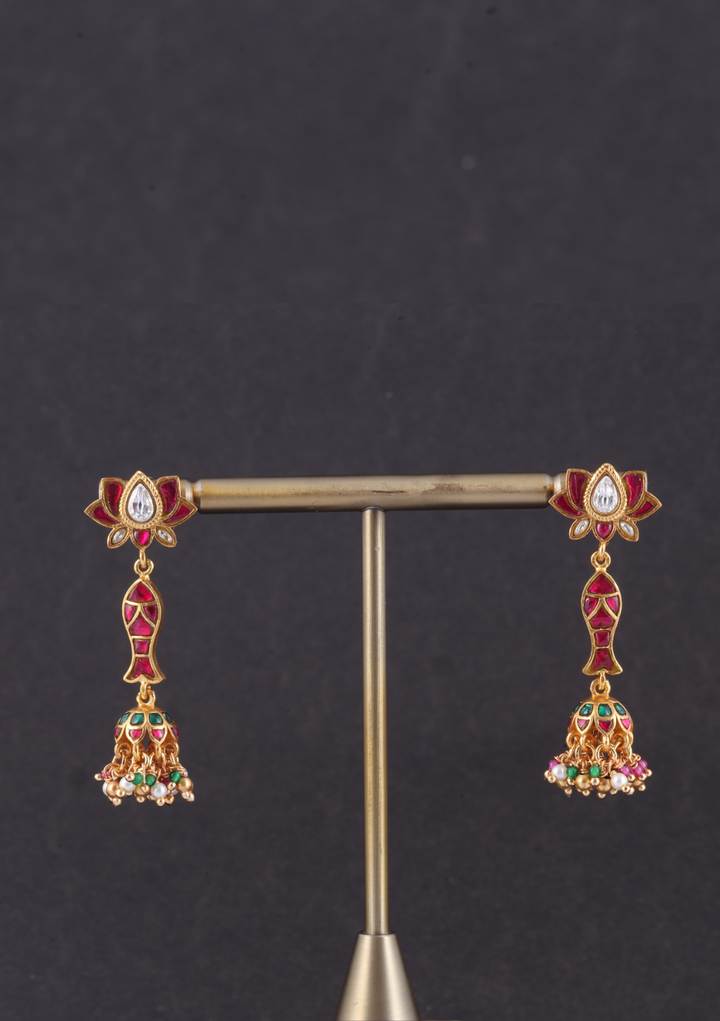 Lotus and Fish Designer Jadau Kundan Jhumka Earrings with Pearl, Red and Green Hangings
