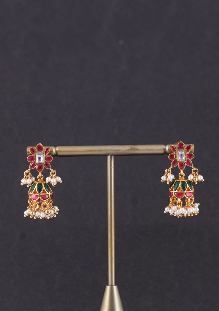 Cute Floral Jadau Kundan Jhumka Earrings with Pearl Beads Hangings