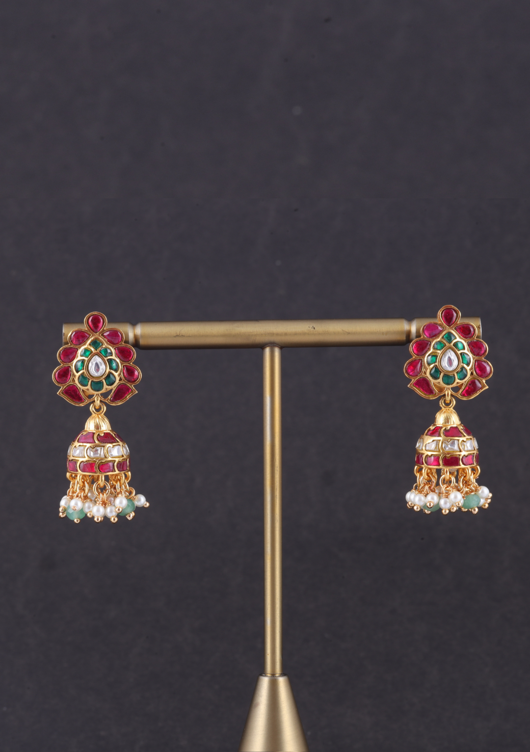Charming Designer Jadau Kundan Jhumka Earrings with Pearl And Green Beads Hangings