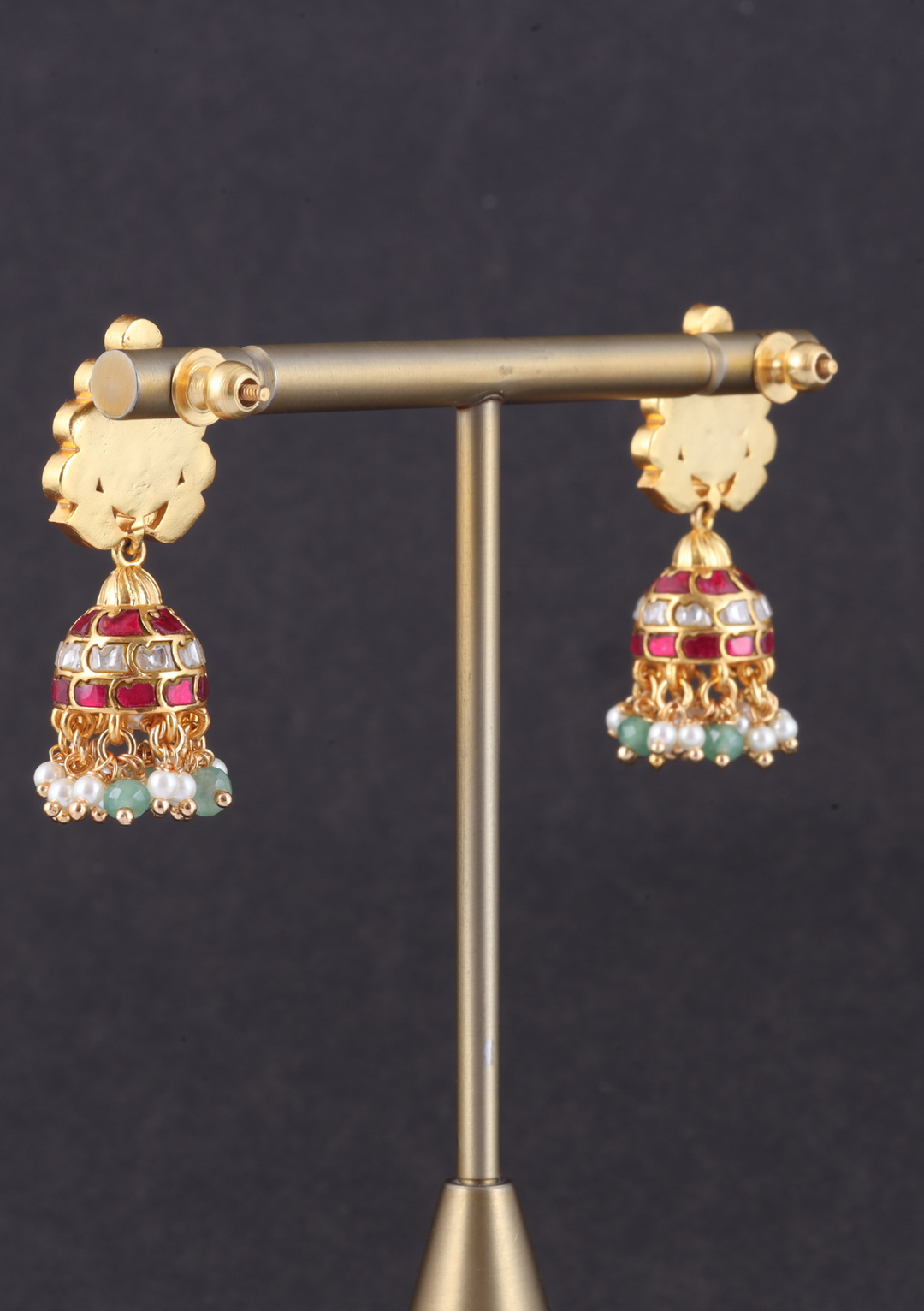 Charming Designer Jadau Kundan Jhumka Earrings with Pearl And Green Beads Hangings