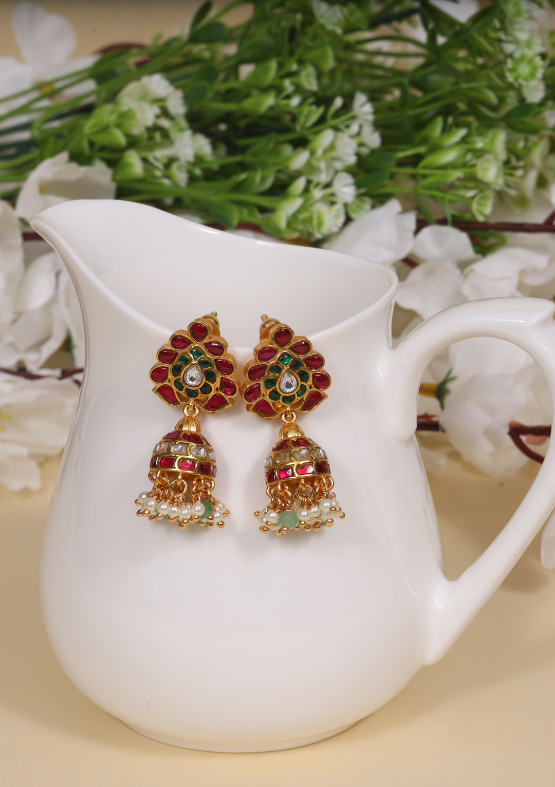 Charming Designer Jadau Kundan Jhumka Earrings with Pearl And Green Beads Hangings