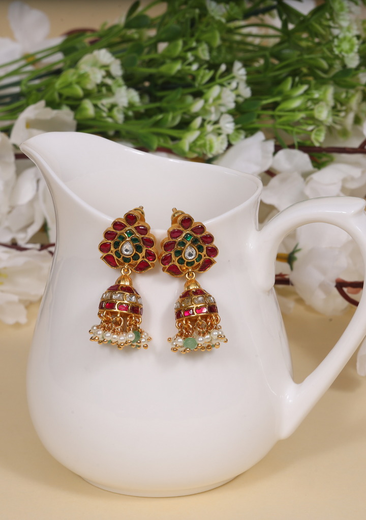 Charming Designer Jadau Kundan Jhumka Earrings with Pearl And Green Beads Hangings
