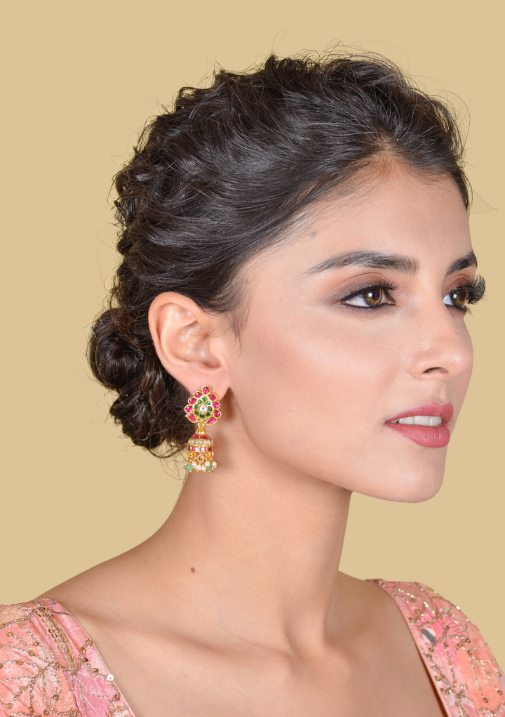Charming Designer Jadau Kundan Jhumka Earrings with Pearl And Green Beads Hangings