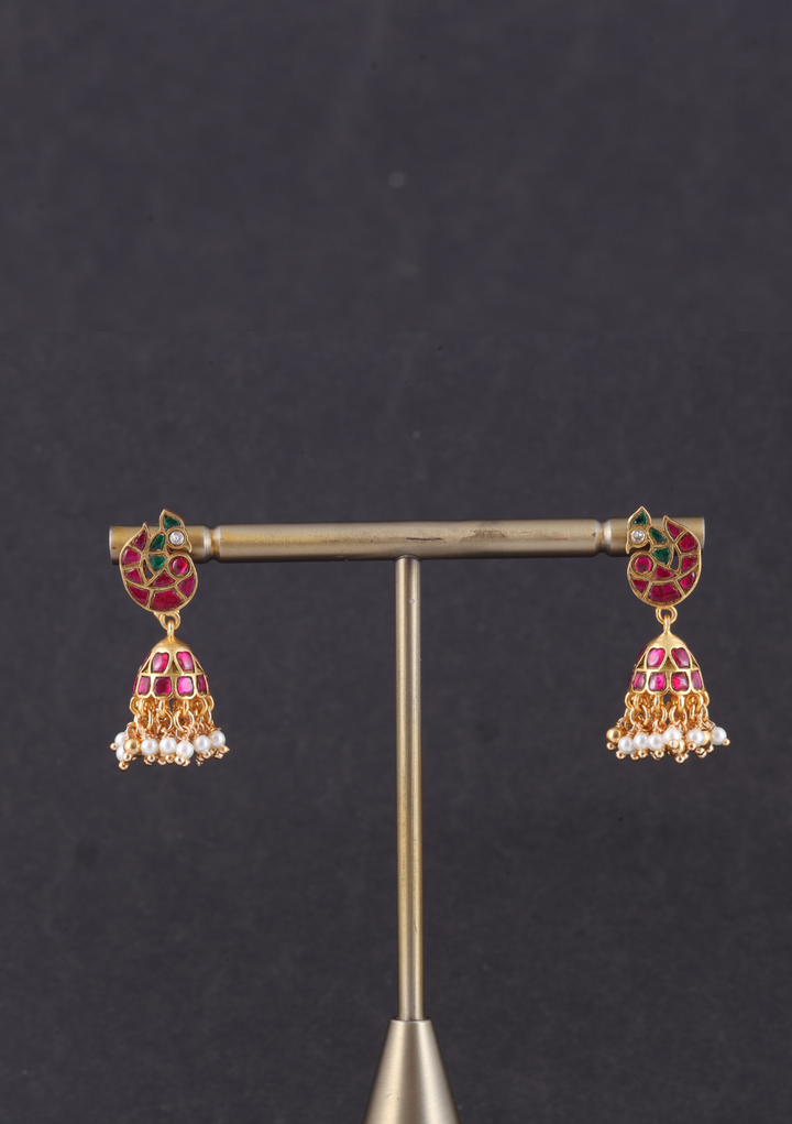 Regal Peacock Jadau Kundan Jhumka Earrings with Pearl Hangings
