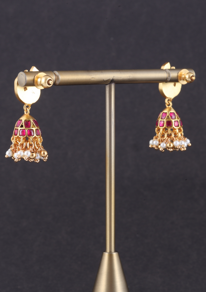 Regal Peacock Jadau Kundan Jhumka Earrings with Pearl Hangings