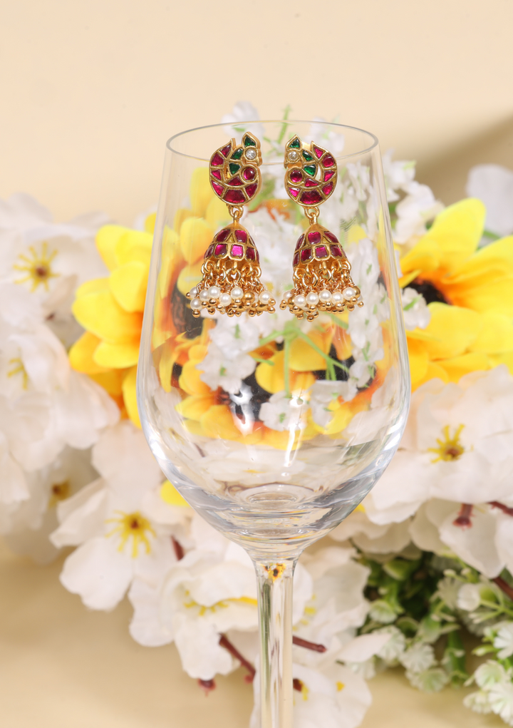 Regal Peacock Jadau Kundan Jhumka Earrings with Pearl Hangings
