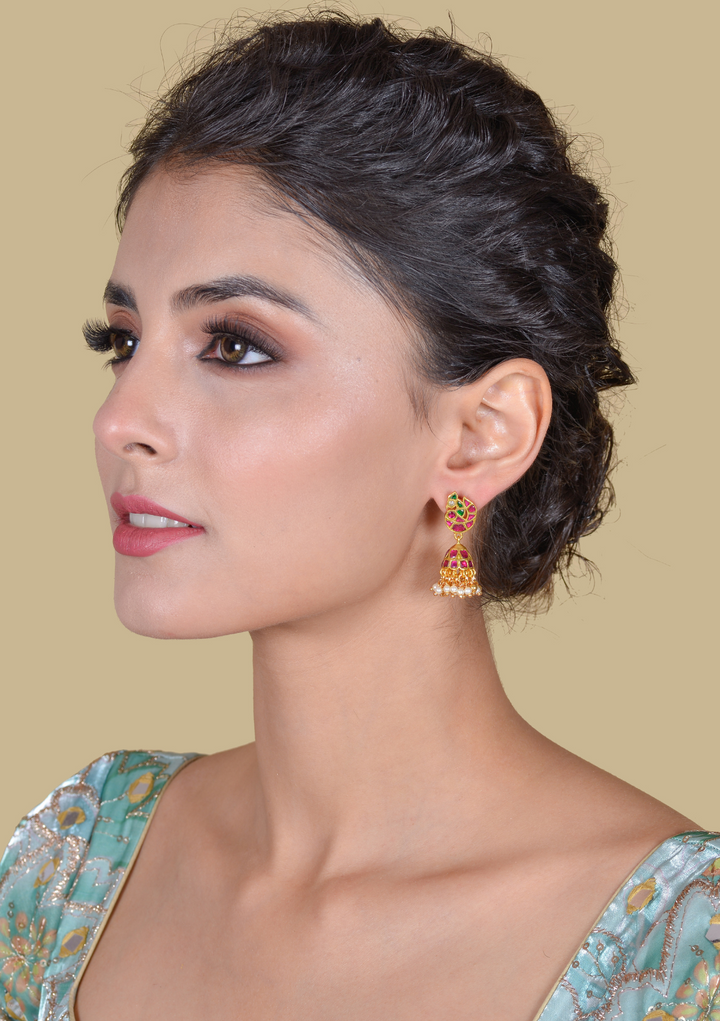 Regal Peacock Jadau Kundan Jhumka Earrings with Pearl Hangings
