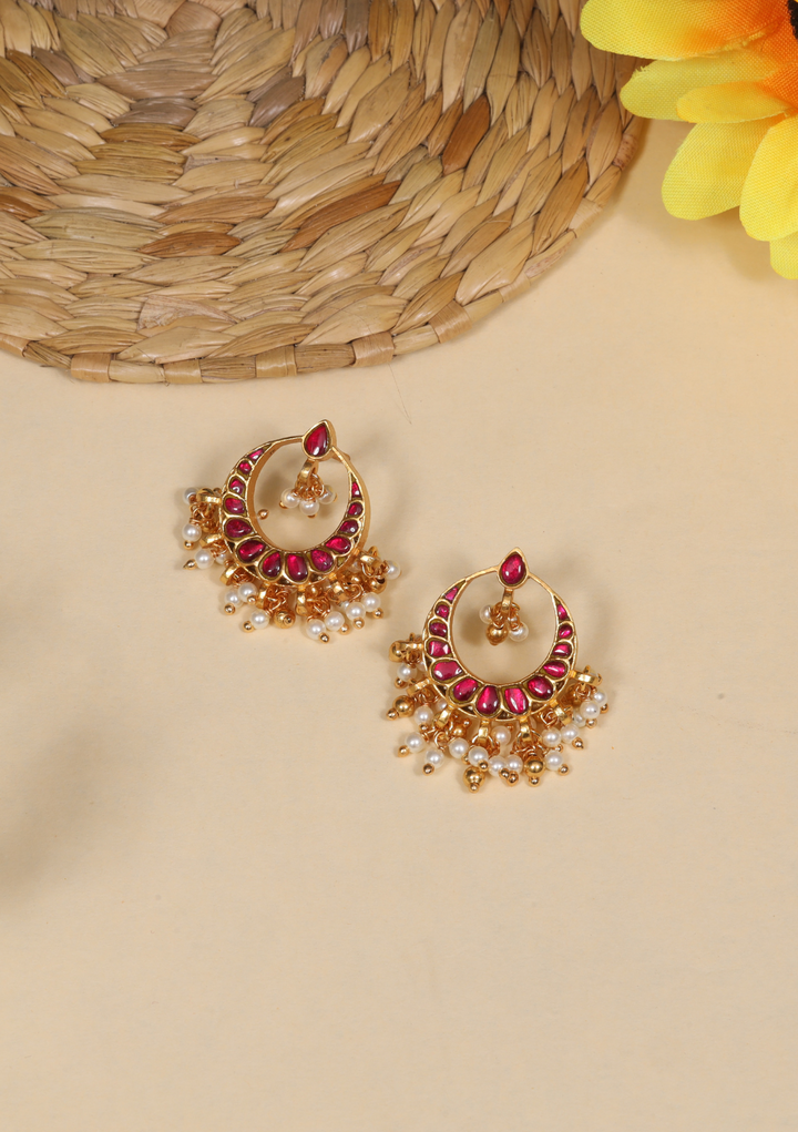 Elegant Jadau Kundan Designer Chandbali Earrings with Pearls Hangings