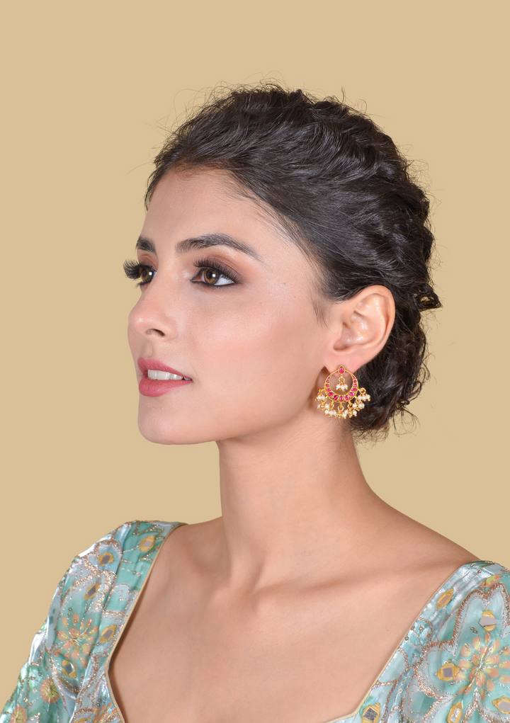 Elegant Jadau Kundan Designer Chandbali Earrings with Pearls Hangings