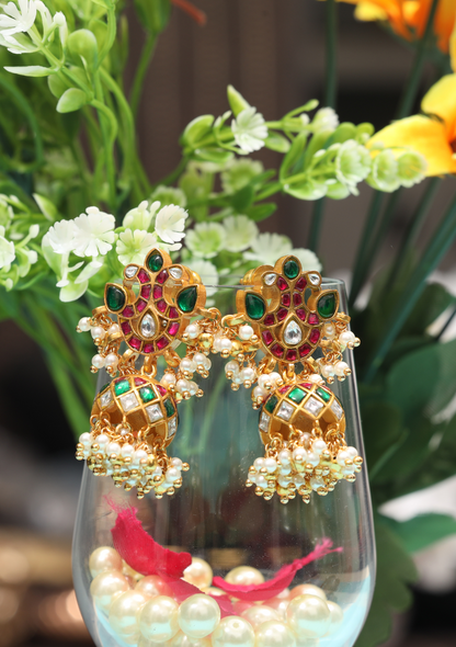 Real Jadau Kundan Floral Motif Jhumka Earrings with Pearls