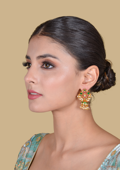 Real Jadau Kundan Floral Motif Jhumka Earrings with Pearls