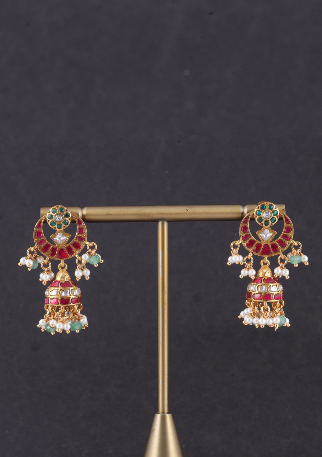 Designer Chandbali Jadau Kundan Jhumka Earrings with Pearls and Green Beads Hangings