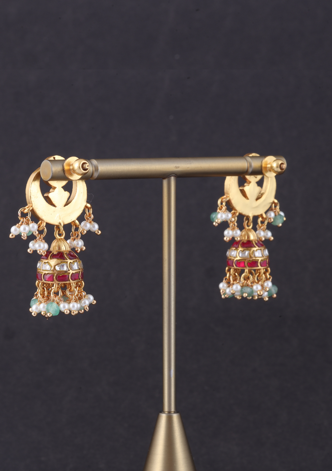 Designer Chandbali Jadau Kundan Jhumka Earrings with Pearls and Green Beads Hangings