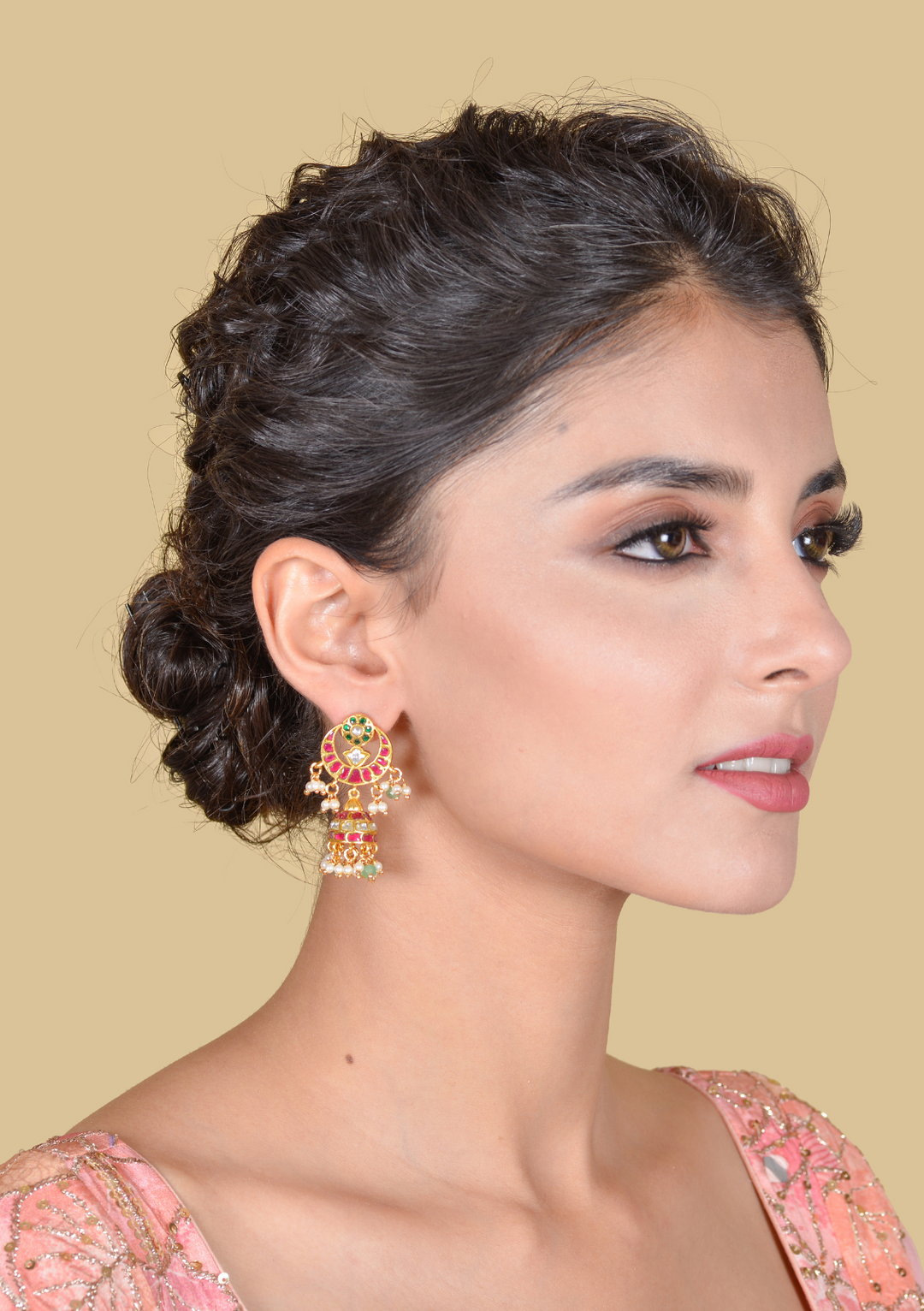 Designer Chandbali Jadau Kundan Jhumka Earrings with Pearls and Green Beads Hangings