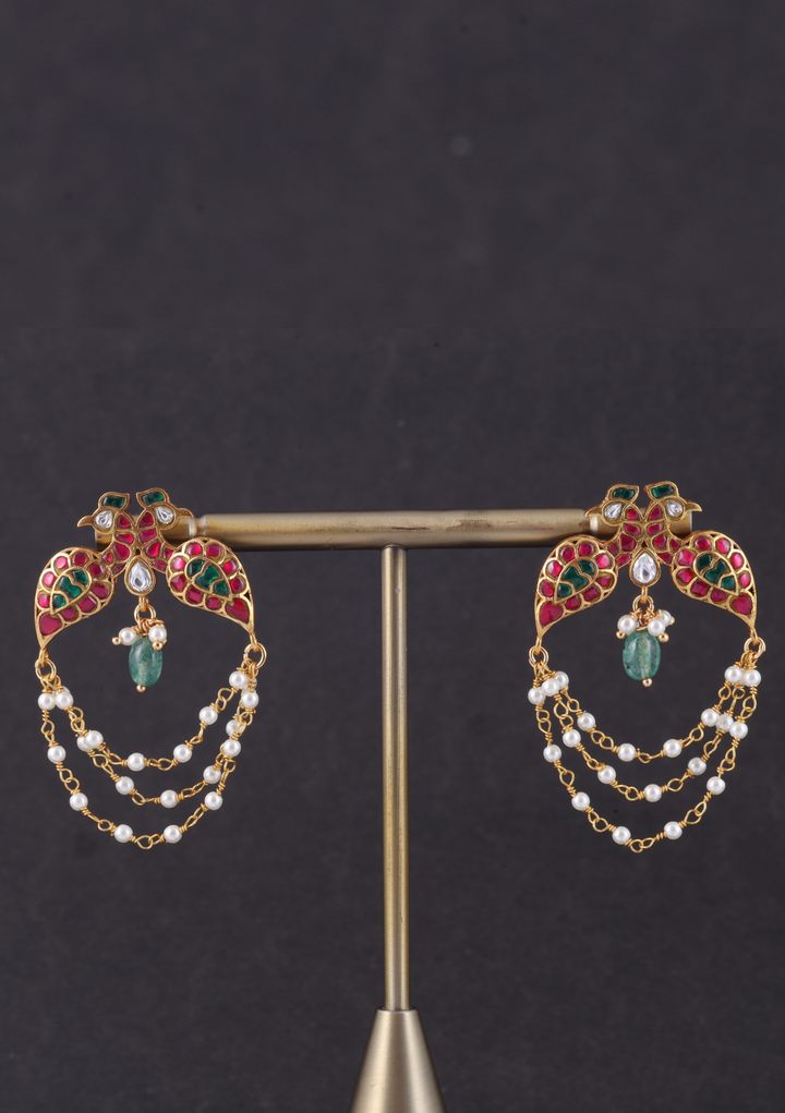 Dual Peacock Designer Jadau Kundan Earrings with Pearls
