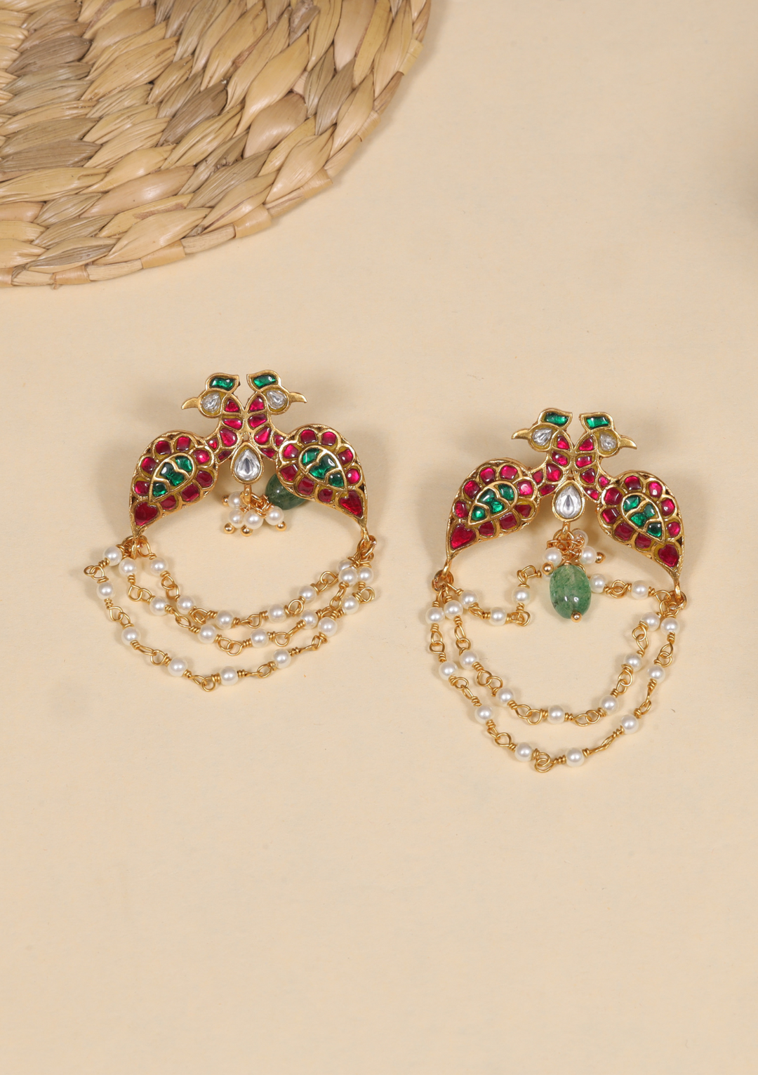 Dual Peacock Designer Jadau Kundan Earrings with Pearls