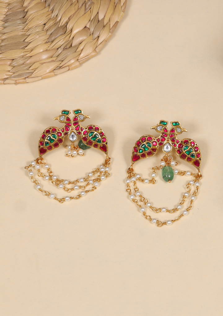 Dual Peacock Designer Jadau Kundan Earrings with Pearls